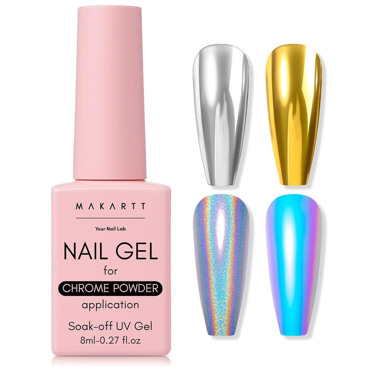 Makartt No Wipe Gel Top Coat for Chrome Nail Powder - Clear High Gloss Mirror Shine Top Coat Gel Nail Polish, Long Lasting Soak-Off LED UV Lamp, DIY Home Salon Art Design Gifts, 8ml Pink Bottle