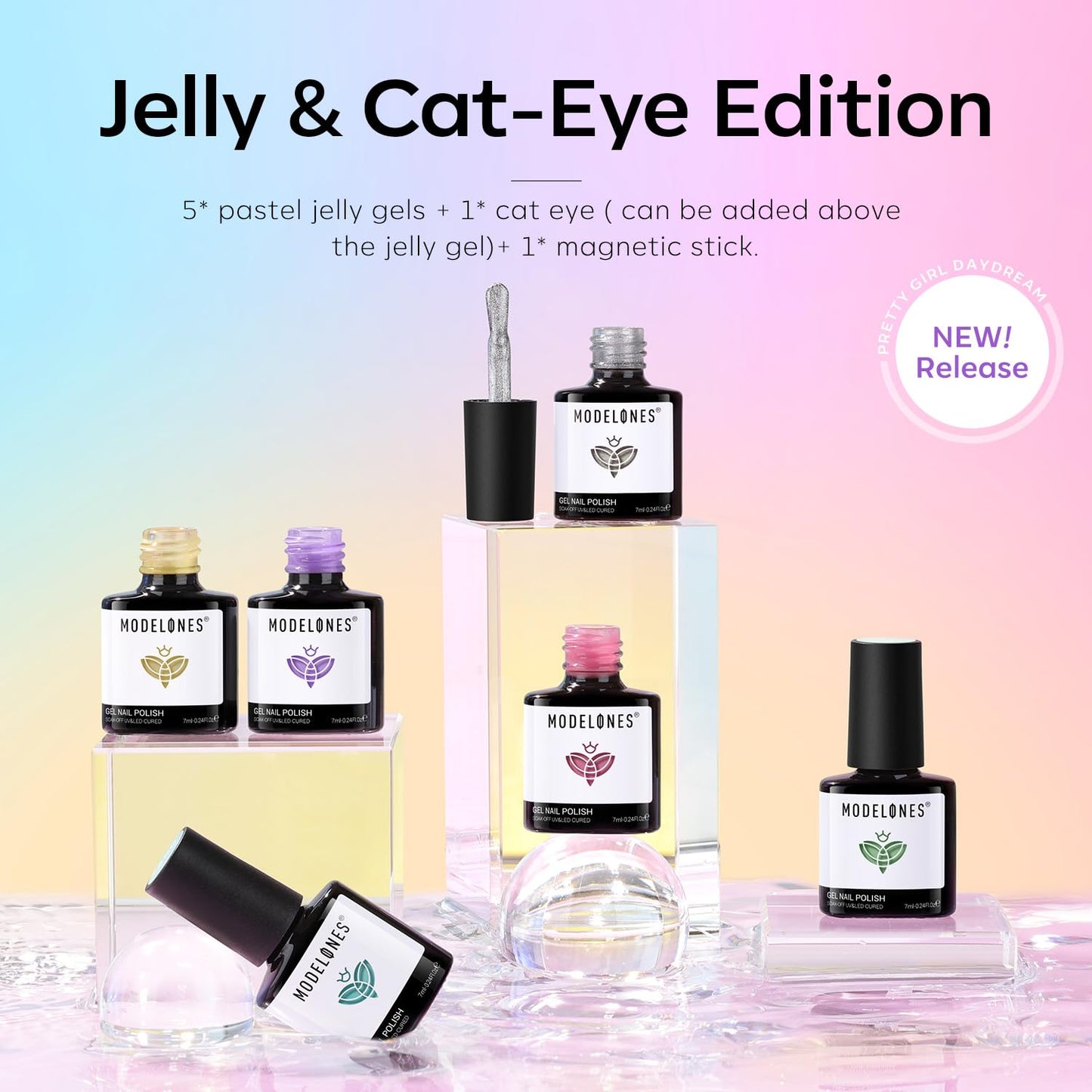modelones Gel Nail Polish Set, 6 Colors Silver Cat Eye Gel Polish Translucent Pastel Sheer Pink Yellow Lavender Purple Baby Blue Mint Green Jelly Nail Polish with Magnet LED Manicure DIY Gift