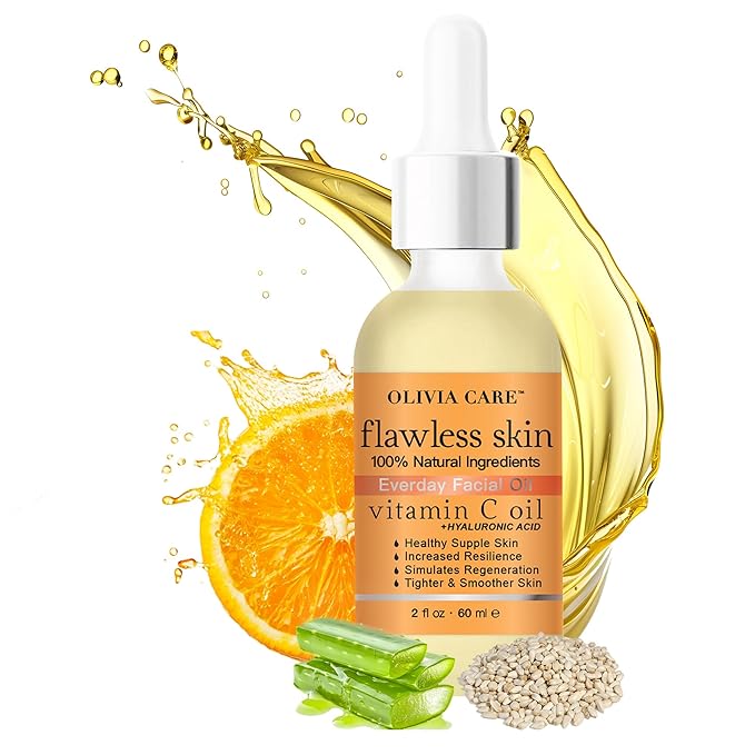 Olivia Care Vitamin C + Hyaluronic Acid Flawless Essential Facial Oil Acid 100% Natural, Reviving, Hydrating, Calming & Soothing. Stabilize & Retain Moisture 2 fl oz (Vitamin C)