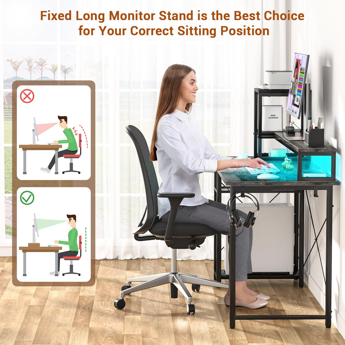 armocity 2024 Upgrade Gaming Desk with LED Lights, Computer Desk with Long Monitor Stand, 40'' Reversible Laptop Table with Storage Shelves, Small Desk for Small Spaces, Gaming Room, Grey