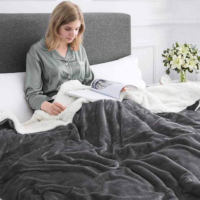 IR Imperial Rooms Sherpa Blankets Queen Size - Thick and Warm Blankets for Winter, Reversible Soft and Fuzzy Fluffy Queen Size Blanket for Bed, Grey, 90x90 Inches