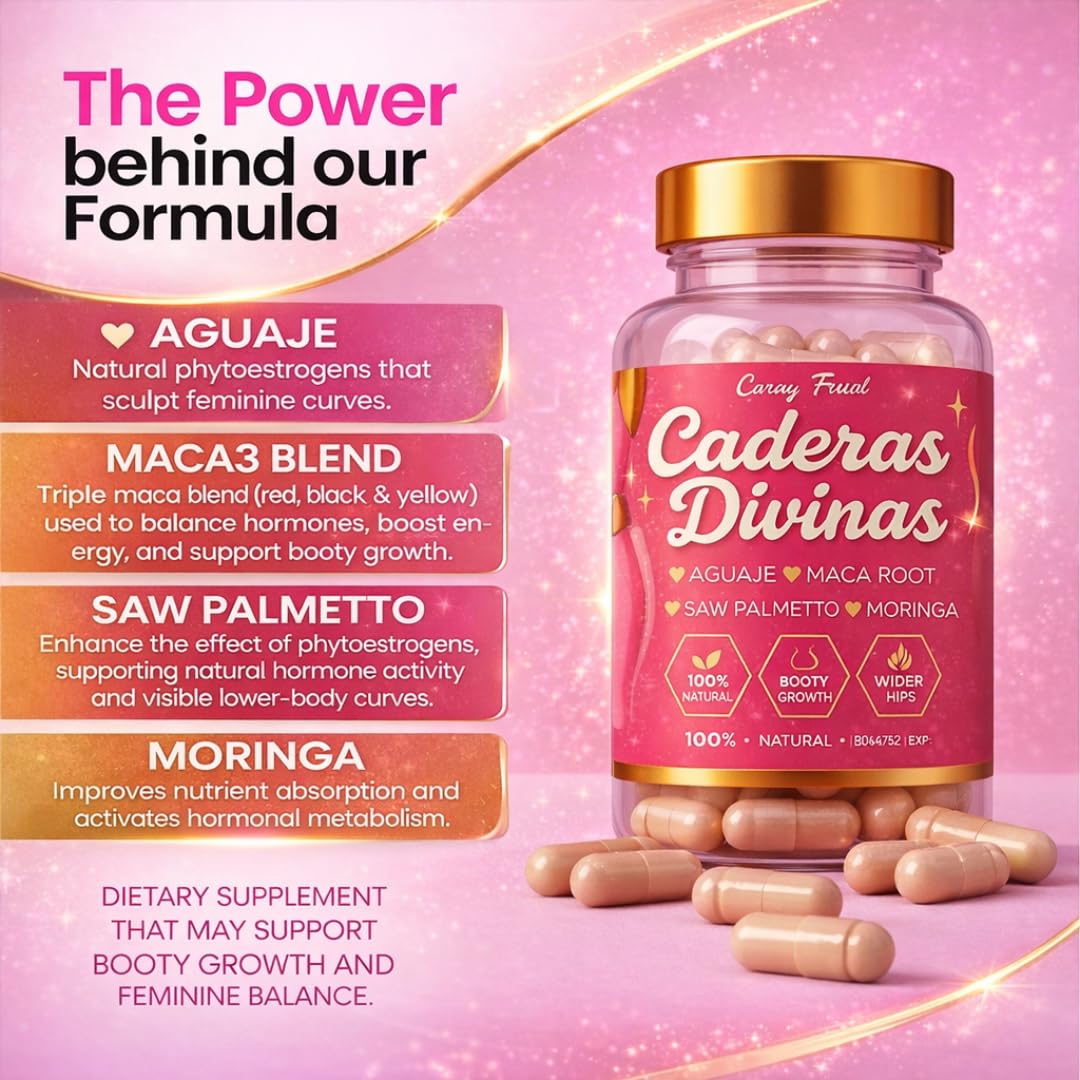 Caderas Divinas : Bigger Booty & Wider Hips – Aguaje + Maca Pills with Moringa & Saw Palmetto – 4 Super Ingredients for Natural Curve Growth – by CurvyFruit – 60 Capsules