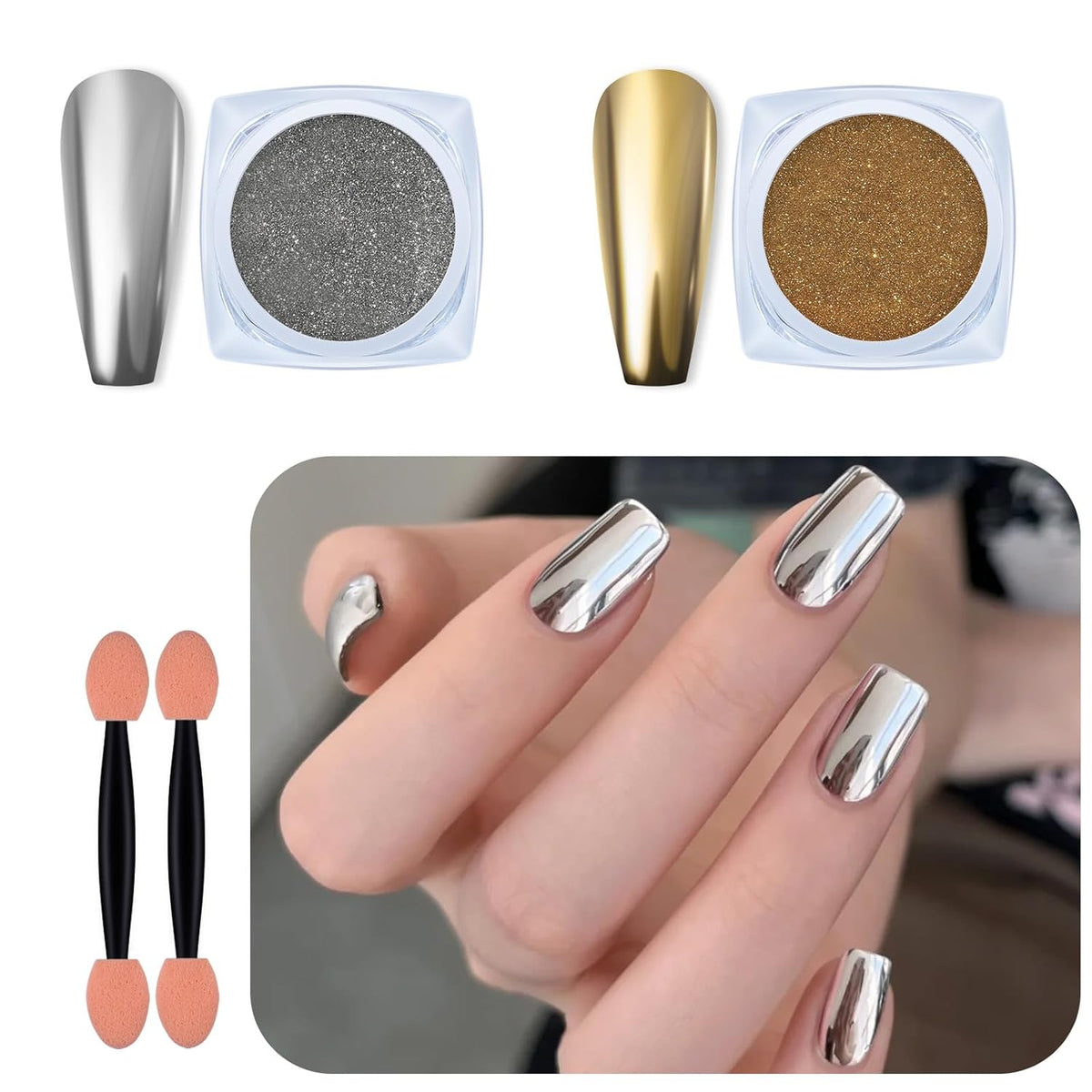 Artdone 2 Jars Chrome Nail Pearl Powder Silver and Gold, Iridescent Aurora Powder Metallic Mirror Effect Pigment Pearlescent Mermaid Pearl Dust Kit, Decoration Acrylic Resin Craft