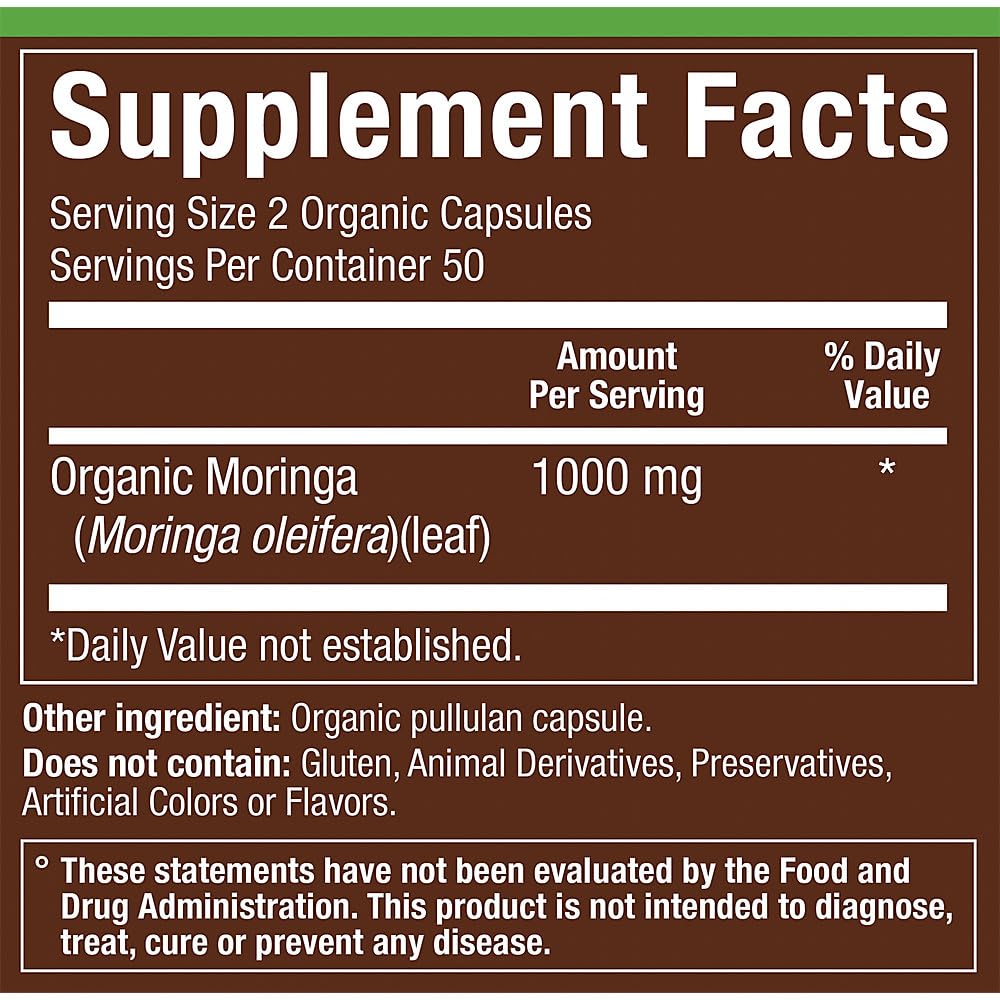 Organic Moringa a" Superfood for Energy Support a" 1,000 MG (100 Capsules)