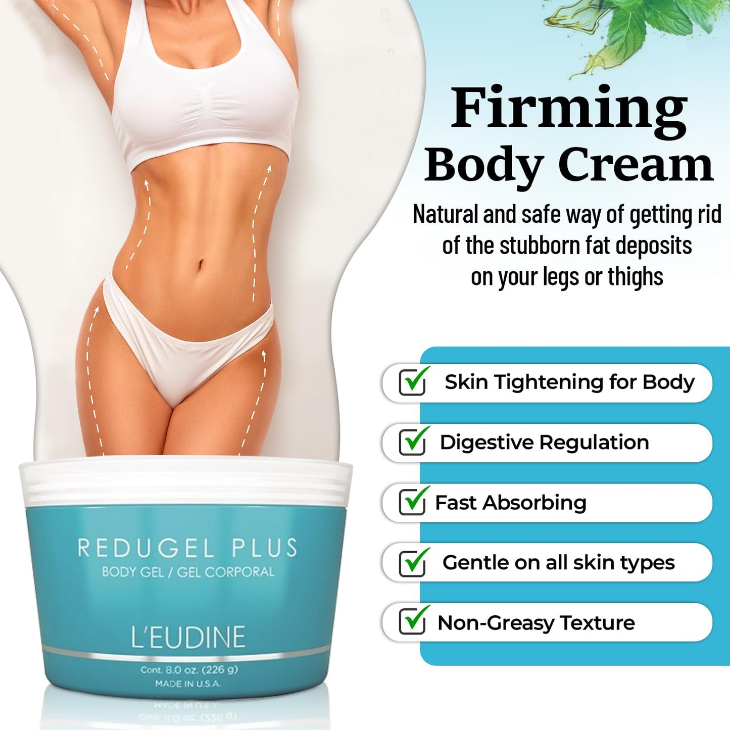 L’EUDINE Redugel Plus Skin Tightening Cream for Body, Firming Cream with Mint Oil, Field Horsetail, Marine Algae, Maca Extract, Skin Firming and Tightening Lotion – 8oz