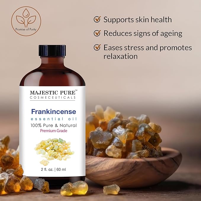 MAJESTIC PURE Frankincense Essential Oil with Glass Dropper | 100% Pure and Natural Frankincense Oil | Premium Grade Essential Oils for Diffusers, Skin, Aromatherapy, Massage | 2 Fl Oz