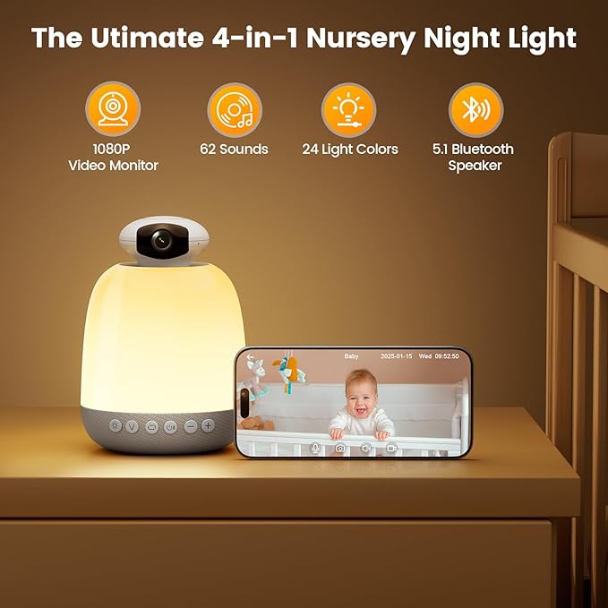 Glocusent Smart Baby Sound Machine with 62 Music Tracks, 1080P Wide-Angel Video Monitor, 24 Colors Baby Night Light for Nursery, Cry Detection, 5.1 Bluetooth Speaker, Perfect for New Parents (WiFi)