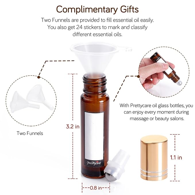 PrettyCare 12 Pack, 10 ml Essential Oil Roller Bottles with Stainless Steel Roller Ball - Refillable Leak-proof Empty Thick Amber Glass Roll on Bottles with Metal Caps for Travel, Perfume