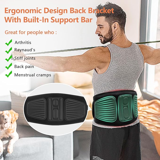 Lower Back Massager Belt with Four Modes Heating & Massage & Red Light, Ergonomic Support Massage Belt with Timer, Portable Cordless Heating Pad for Back Relieve Pain, Battery-Powered