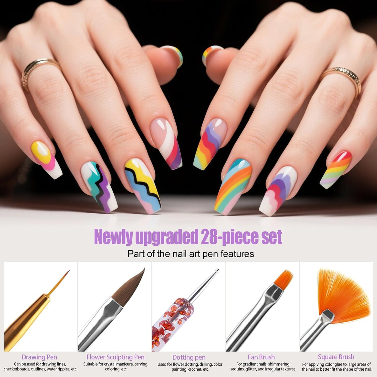 Artdone 28pcs Nail Art Brushes, Nail Art Tool Set, Dotting Tools, Dust Brush,Striping Brushes for Long Lines, Drawing Pen For Gel Polish Design supply