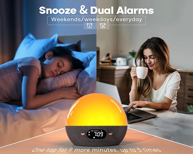 Sound Machine, Sunrise Alarm Clock w/Bluetooth Speaker, White Noise for Sleep, Wake up Light Alarm Clocks for Bedrooms, Heavy Sleeper, Dimmable Night Lights Sunset Lamp, for Baby Kids Adults