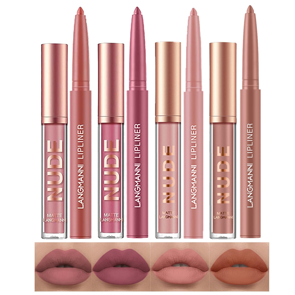 LANGMANNI 4pcs Matte Lipstick with Lipliners Durable Makeup Set,Long-Lasting Non-Stick Cup Not Fade Waterproof Pigmented Velvet Lipgloss Kit Beauty Cosmetics Makeup Gift for Girls(#1+2+8+11)