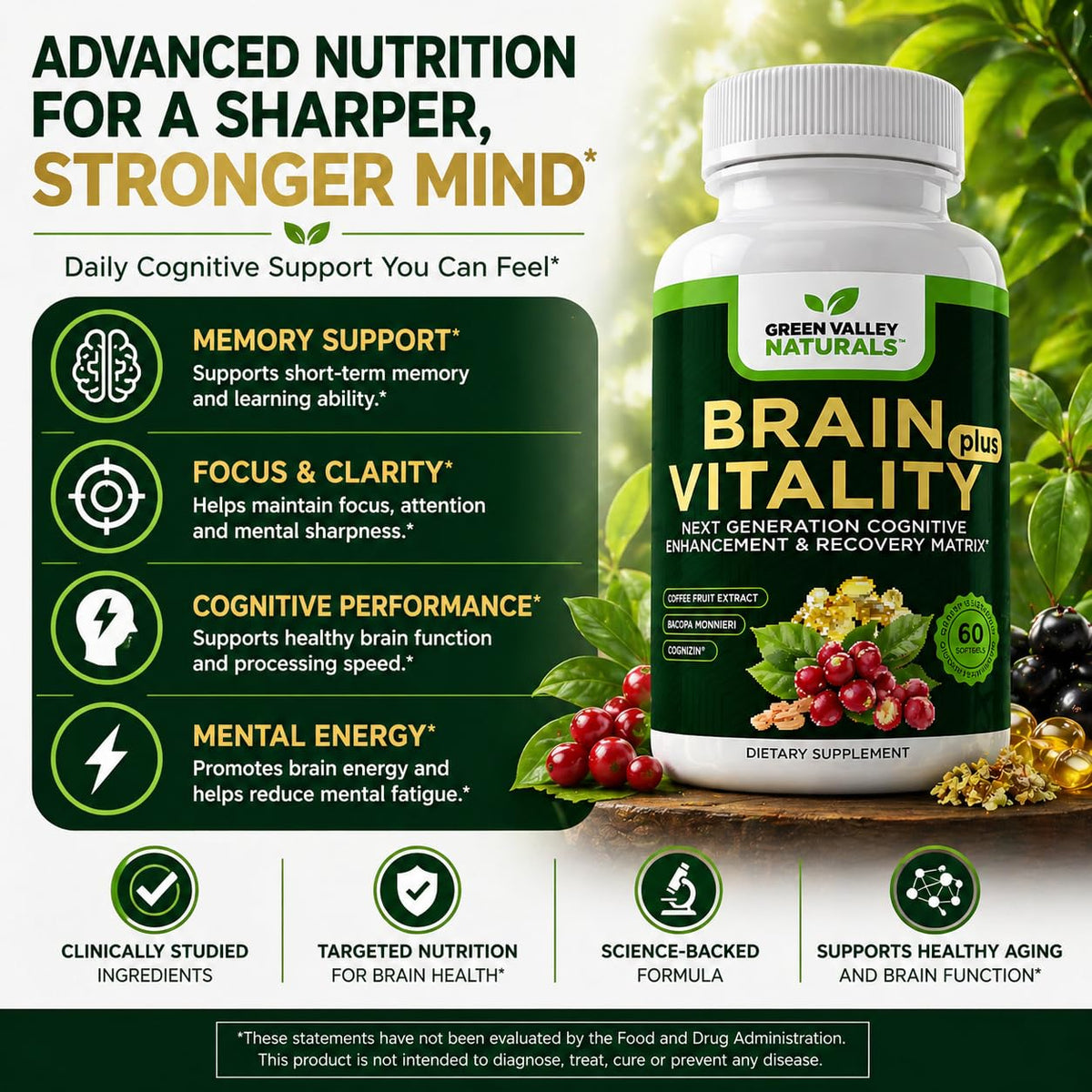 Green Valley Naturals Brain Vitality Plus with Cognizin & DHA – 60 Softgels