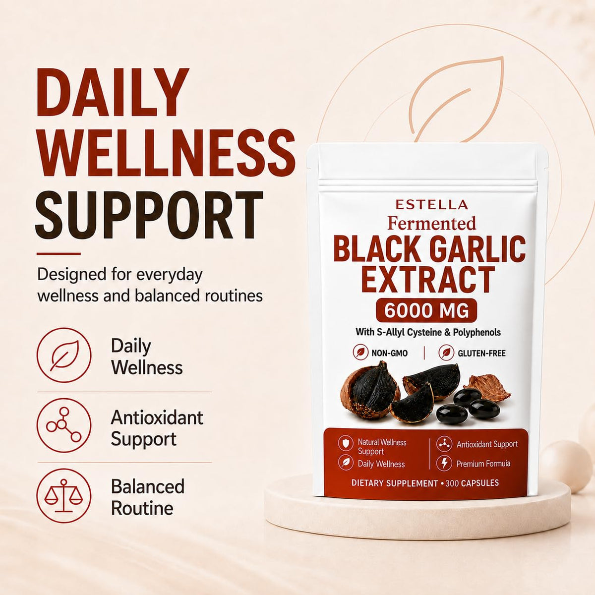 BYDNES LABS Estella Lanural Fermented Black Garlic Extract, Odorless Black Garlic Capsules, Vegan, Non-GMO, Gluten-Free, 300 Capsules