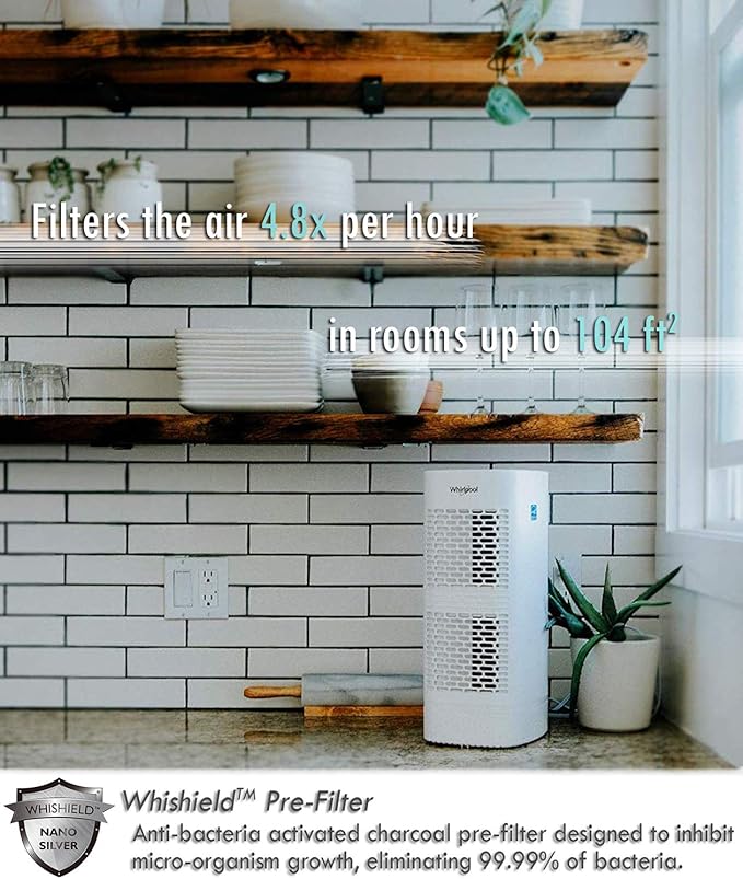 Whirlpool Whispure WPT60P, True HEPA Air Purifier, Activated Carbon Advanced Anti-Bacteria, Ideal for Allergies, Odors, Pet Dander, Mold, Smoke, Smokers, and Germs, Medium, White