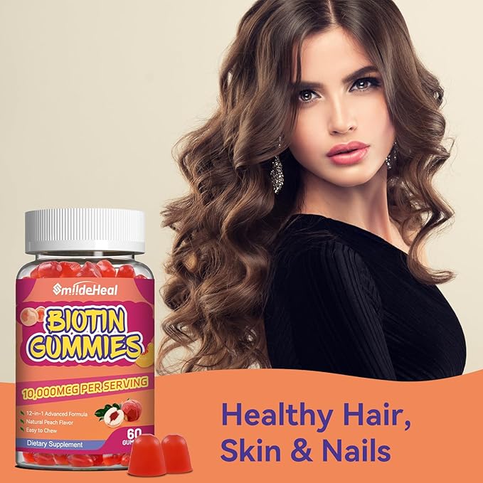 Biotin Gummies for Hair Growth 10000 mcg, Hair Skin and Nails Gummies with Folic Acid, Vitamins A, B, C, E & D, Vegan biotin Vitamins for Women & Men, 60 Gummies