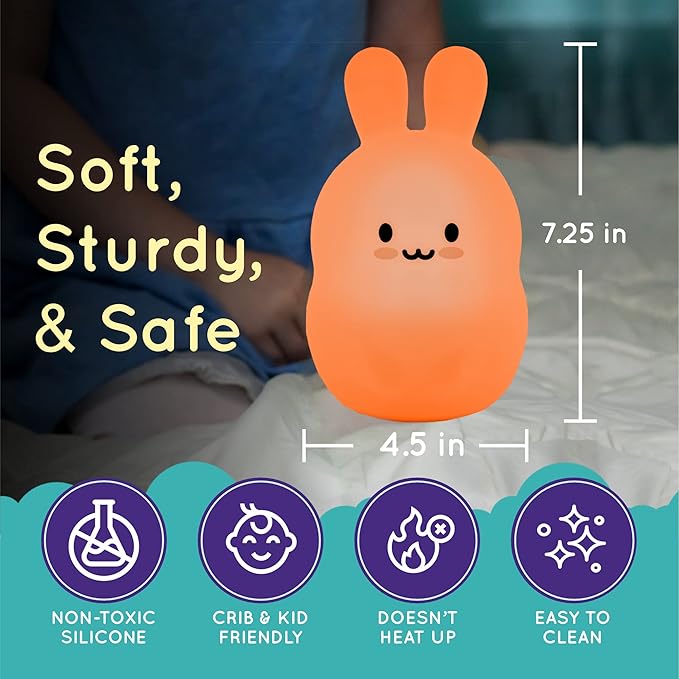 Lumipets Remote Control Silicone Night Light for Kids - Bunny Design with 9 Soft Colors & Sleep Timer - Rechargeable, Battery-Operated Lamp for Bedroom | Baby Nursery, Toddler, Girls, Boys