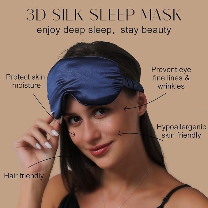 ZIMASILK Adjustable 22 Momme 100% Mulberry Silk Sleep Mask, Upgraded 3D Contoured Cup Eye Mask for Sleeping, Super Soft & Breathable Blindfold, Blackout for Deep Sleeping (Navy Blue)