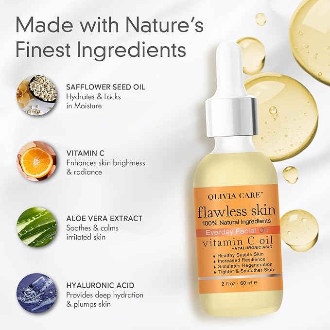 Olivia Care Vitamin C + Hyaluronic Acid Flawless Essential Facial Oil Acid 100% Natural, Reviving, Hydrating, Calming & Soothing. Stabilize & Retain Moisture 2 fl oz (Vitamin C)