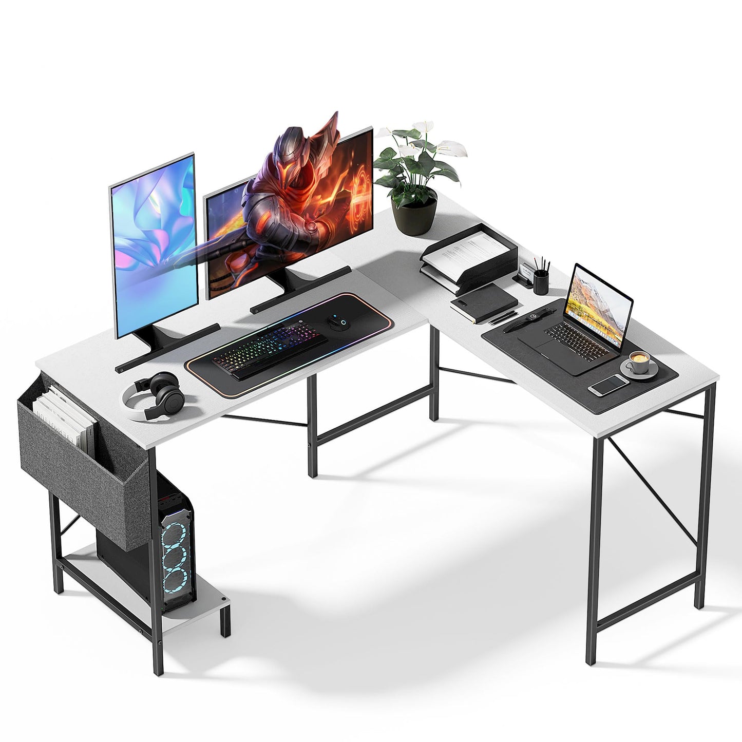 L Shaped Desk Gaming Computer 50 Inch Reversible Corner Table PC Work Table for Writing Study Student with Wood Tabletop Metal Frame CPU Stand Side Bag for Home Office Small Place