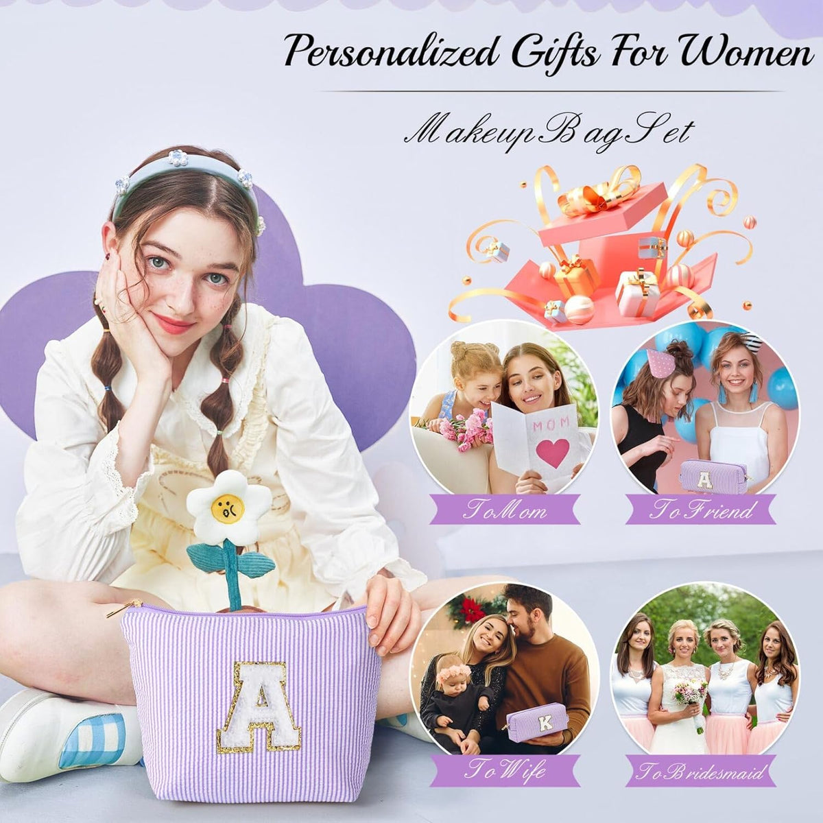 YOOLIFE Birthday Gifts for Women - Birthday Gifts Idea for Her Friends Female Teacher | Personalized Cute Makeup Bag for Women Girlfriend | Cosmetic 2 Pieces Toiletry Makeup Pouch Mothers Day Gifts L