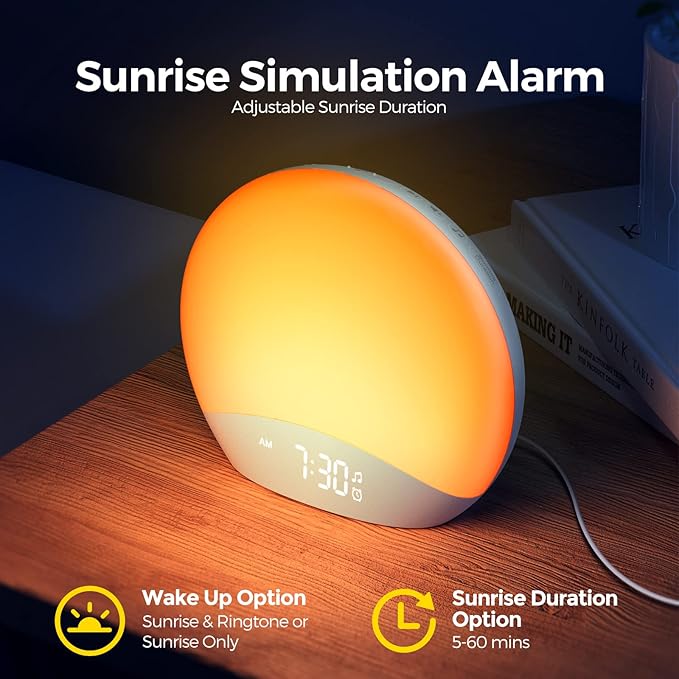 REACHER Sound Machine Sunrise Alarm Clock with Night Light, 26 Nature Inspired Sleep Sounds, 0-100% Dimmable Clock, Sunrise Lamp, Wake Up Light, Brown/Pink/White Noise Machine for Babys, Adults, Kids