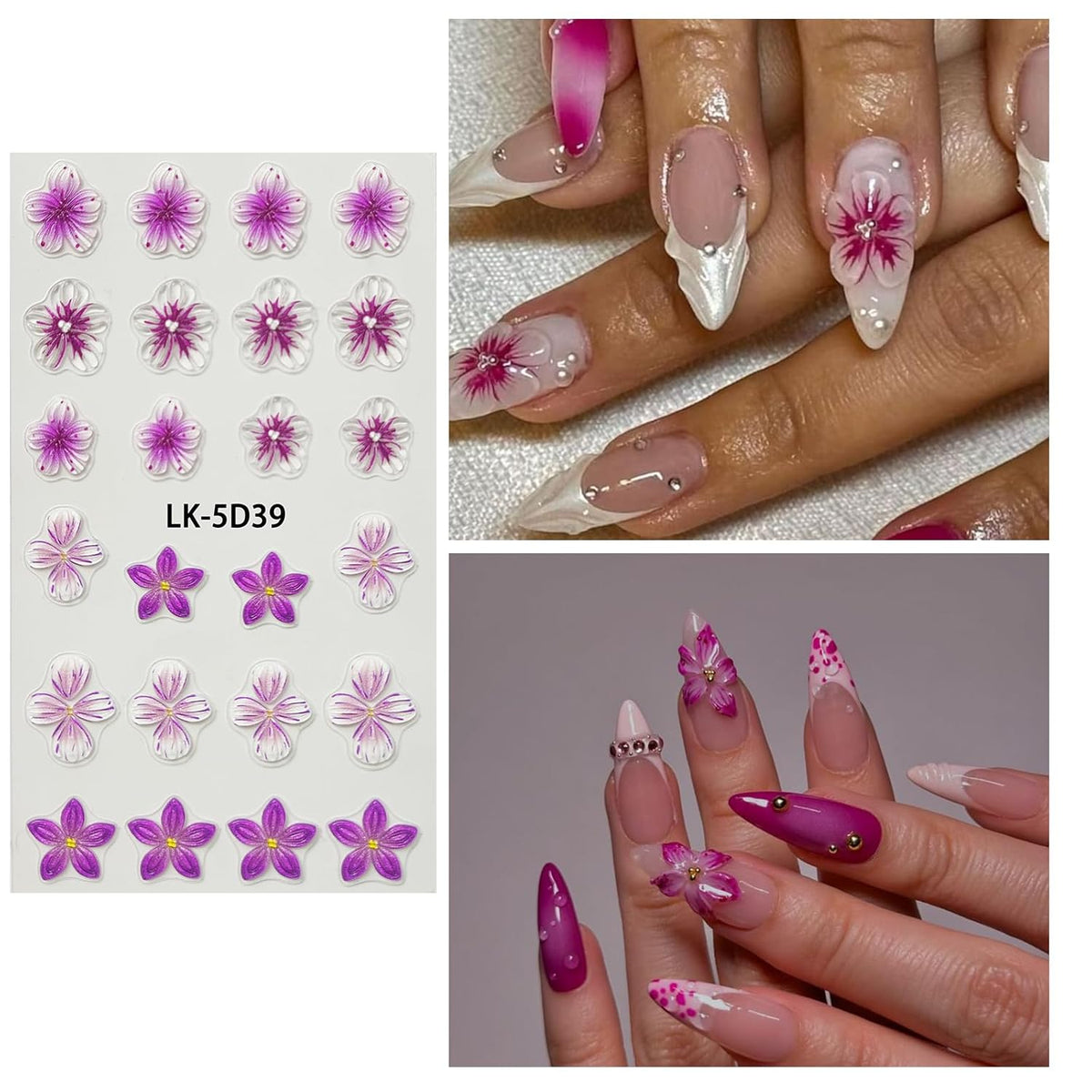 Flower Nail Art Stickers 5D Embossed Flower Nail Decals Spring Summer Pink Flowers Nails Design 3D Self-Adhesive Accessories for Women Nails DIY Decoration(6 Sheets)