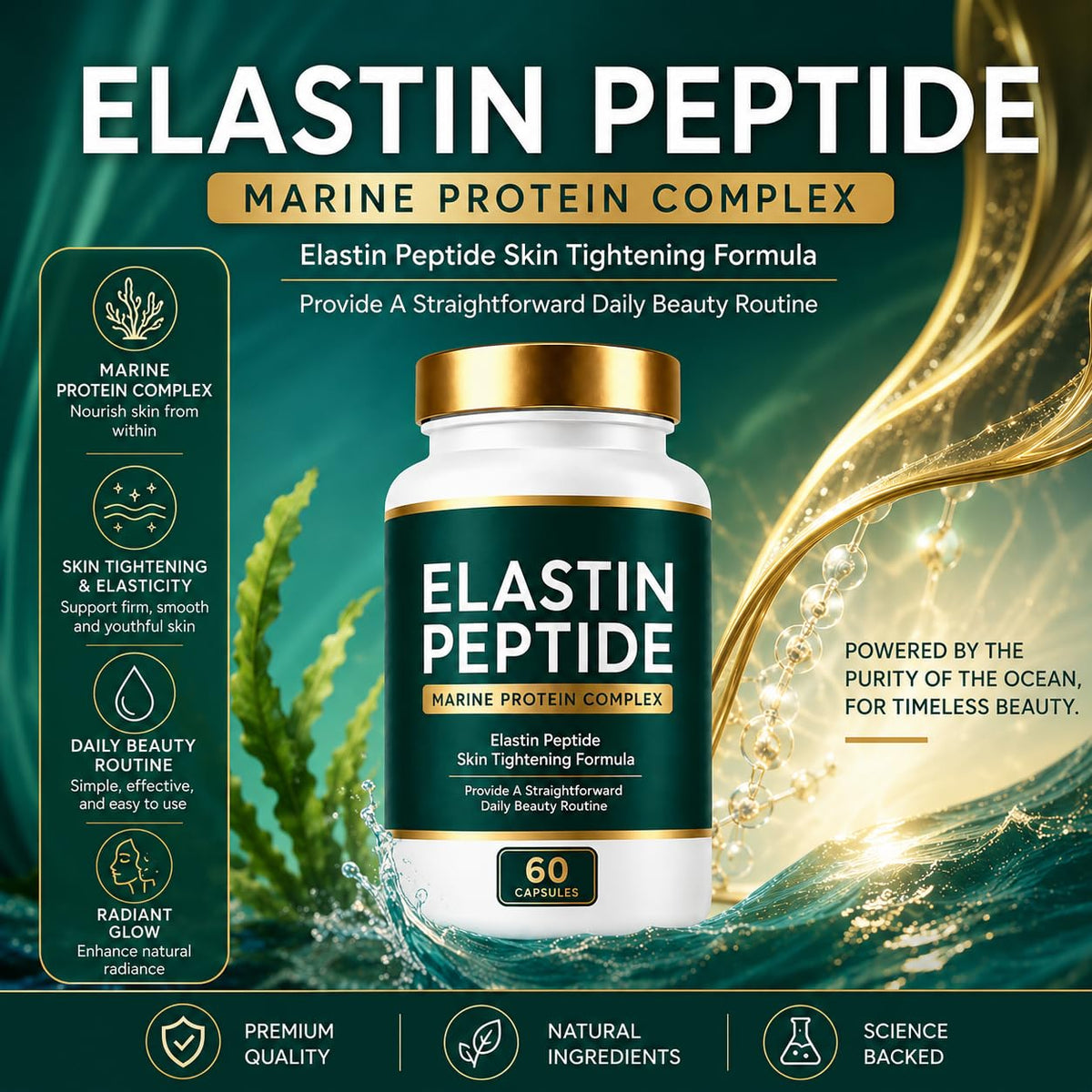 Keikeyo Elastin Peptides, Elastin Peptide Skin Tightening Formula, Marine Protein Complex, Daily Nutritional Support for Skin 60 Count (1pcs, 1)