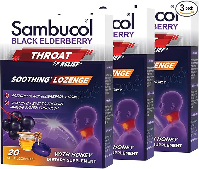 Sambucol Black Elderberry Throat Lozenge - With Honey, Vitamin C & Zinc, Elderberry Lozenges Sore Throat & Cough, Soothes Scratchy Throat, Supports Immunity, Soft & Chewy - 3-Pack (60 Total Pastilles)
