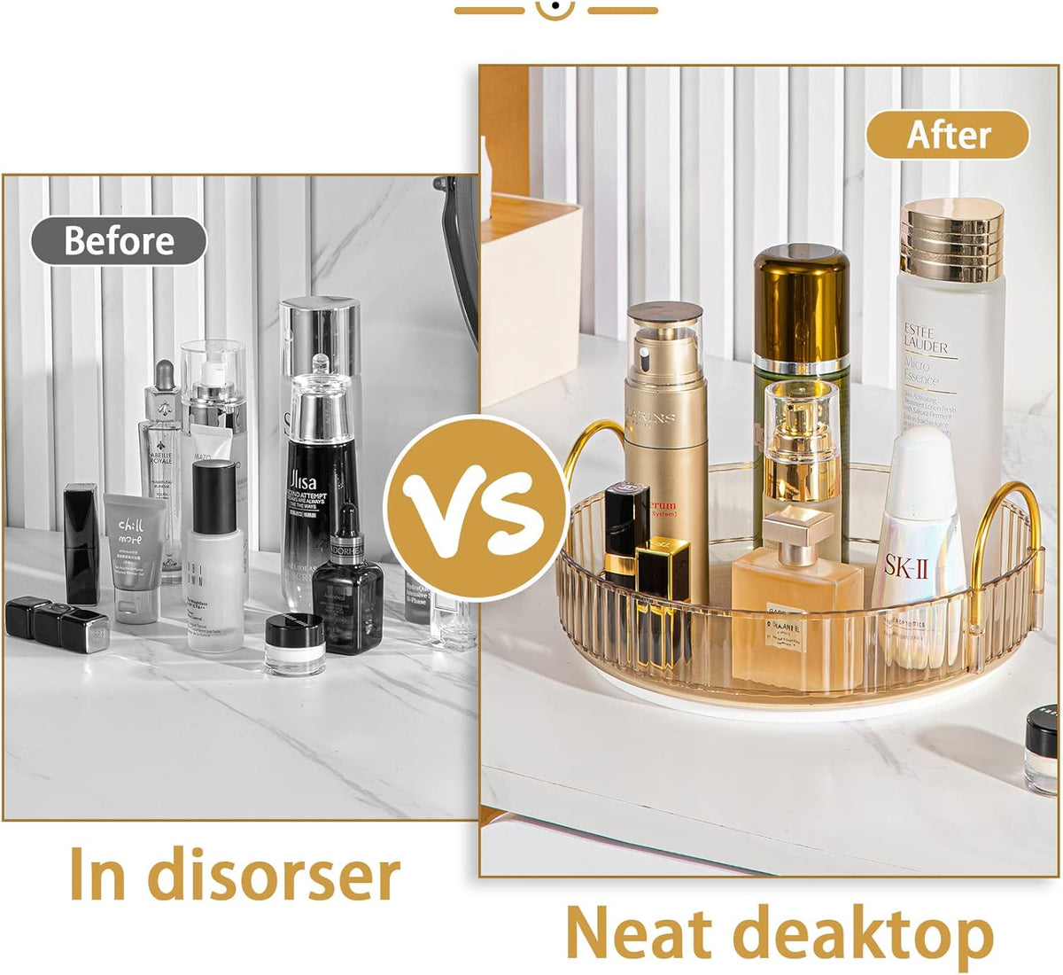 Rotating Makeup Organizer for Vanity, High-Capacity Skincare Clear Make Up Storage Perfume Organizers Cosmetic Dresser Organizer Countertop 360 Spinning (Gold, 1 Tier)