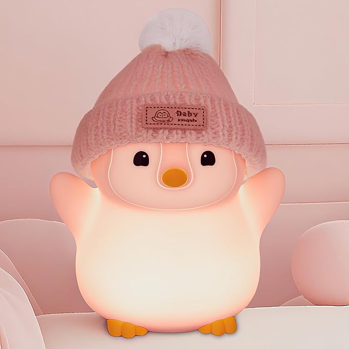 Penguin Night Light, Cute Pink Penguin Lamp with Knit Hat, Soft Silicone Nursery Nightlight for Baby, Rechargeable/Dimmable/Timer,LED Squishy Novelty Animal Bedside Lamp,Funny Gifts for Kids