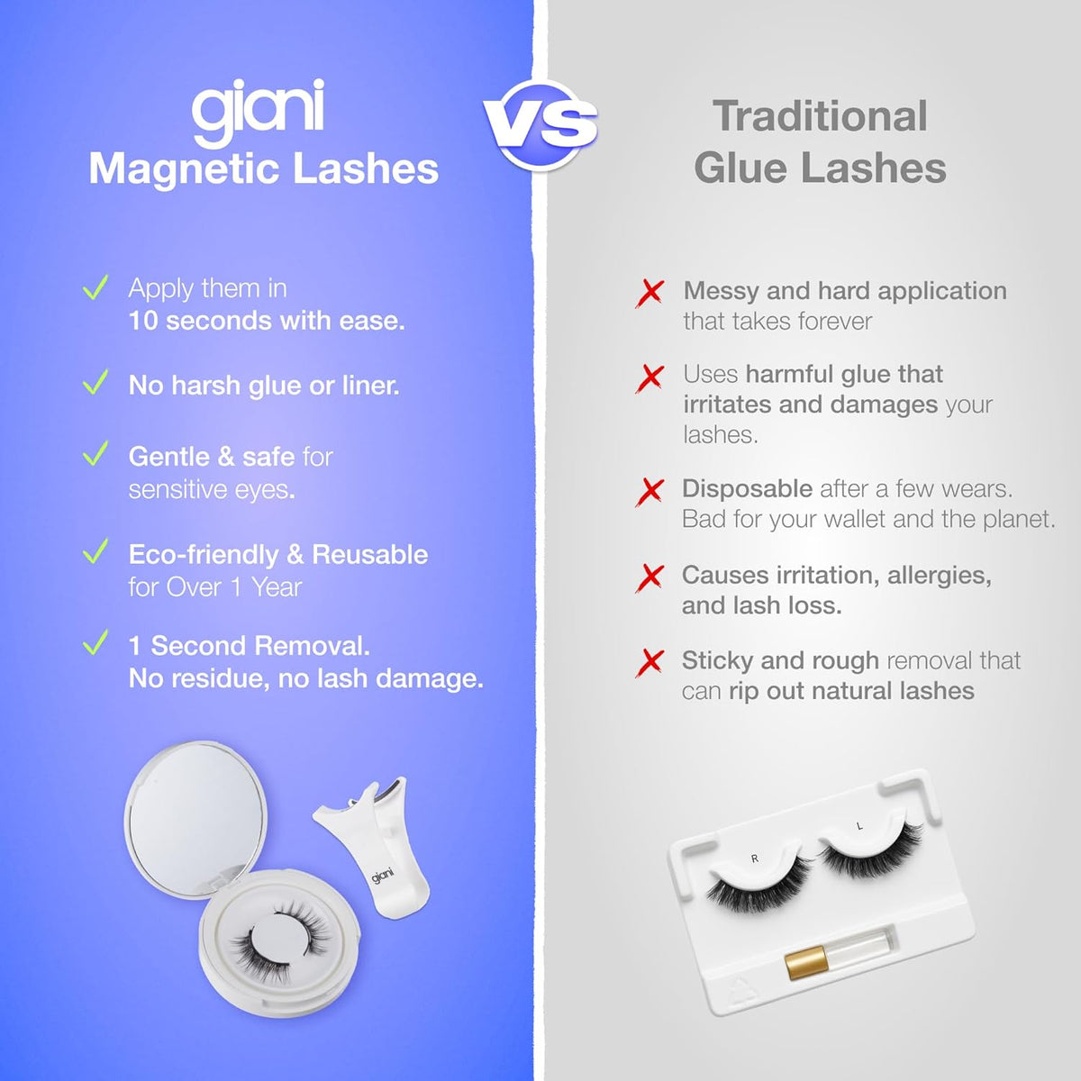 Giani Magnetic Eyelashes with Applicator - Reusable Magnetic Lashes Kit - Natural Soft Looking False Eyelashes - Applicator and Mirror Case Included - No Glue or Eyeliner Needed - Full Style