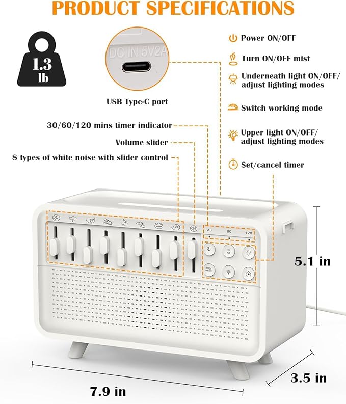 White Noise White Noise Sound System, Bluetooth Wireless Speaker for Travel, Portable Noise Machines for Sleeping with Night Lights and humidifier, Equipped with humidifier Function