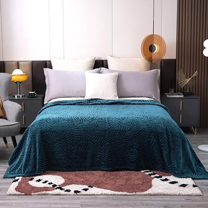 SOCHOW Super Soft Flannel Fleece Throw Blanket, Lightweight Cozy Warm Leaves Textured Plush Blanket for Bed Couch Sofa, 60 x 80 Inches, Blue Coral