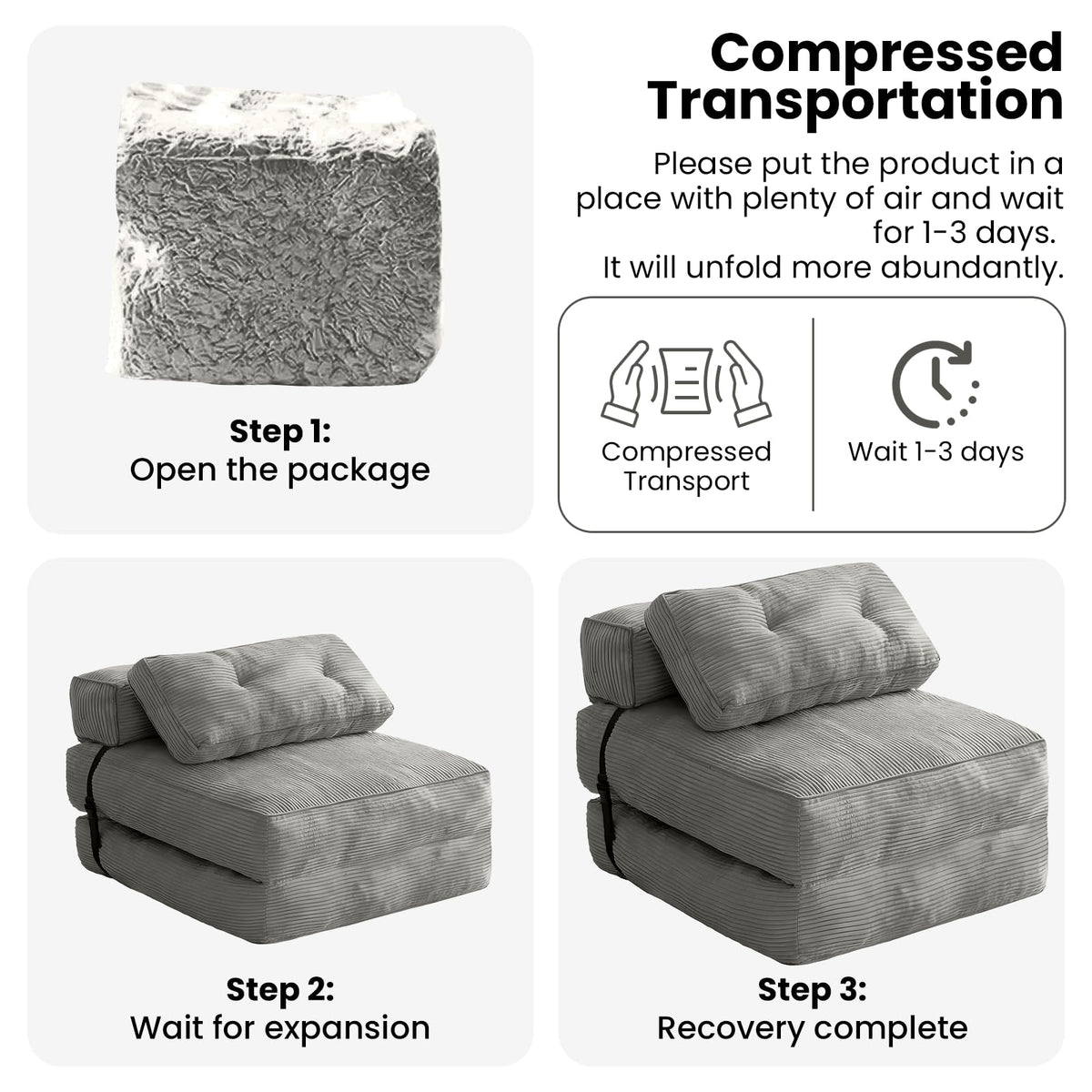 tantohom Folding Sofa Bed, Convertible Sleeper Chair with Pillow Foldable Mattress with Back Support,Space-Saving Sofa for Living Room,Bedroom (Gray)