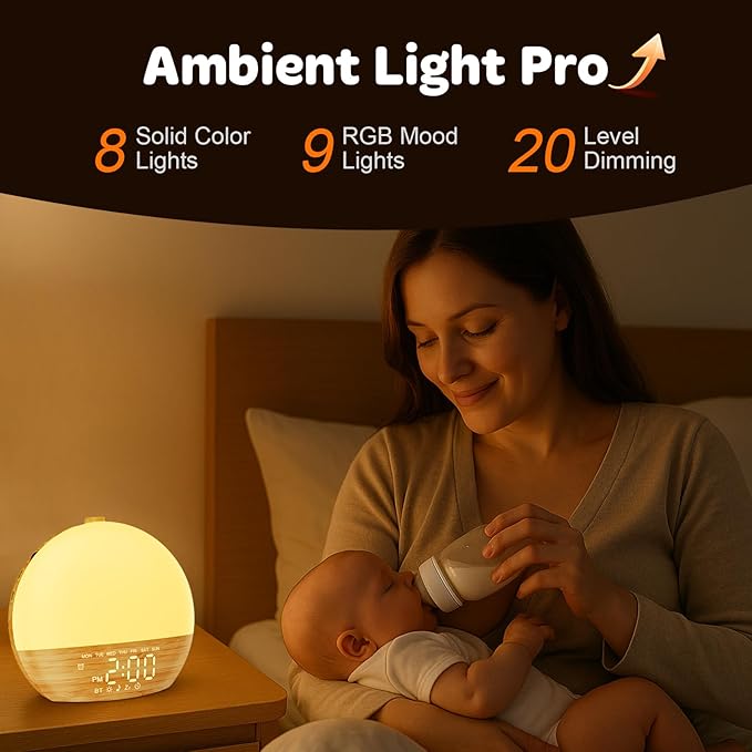 White Noise Sound Machine: Wood Grain, 30 Sleep Sounds, Bluetooth, Sunrise Alarm Clock with Dual Alarms, Adjustable Brightness,Wake-Up Light, Ideal for Bedroom, Office, Kids & Adults