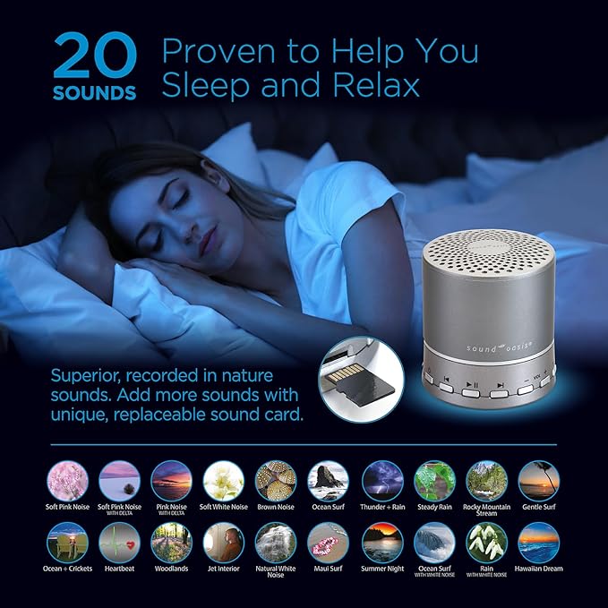 Sound Oasis Sound Machine Bluetooth Speaker Portable White Noise Machine 20 Non-Looping Sounds Nature Brown Pink Noise Tinnitus Masker Sound Soother for Sleep Home Baby Office Travel Rechargeable
