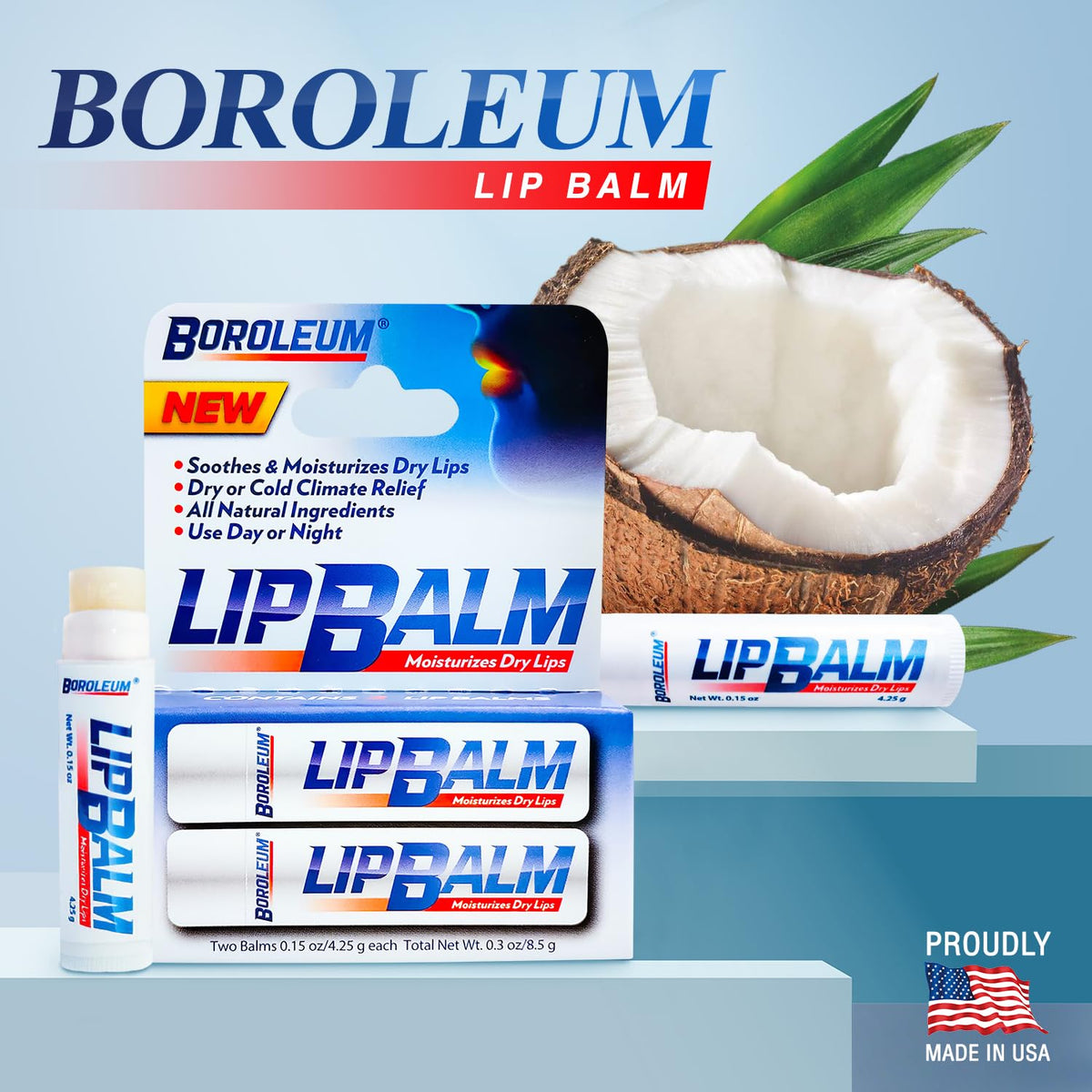 Natural Lip Balm by Boroleum | Best Chapped Lip Moisturizer for Dry Cracked Lips | All Natural Ingredients for Men Women and Kids | 4.25 gr. Tubes, 2 Lip Balms Per Pack