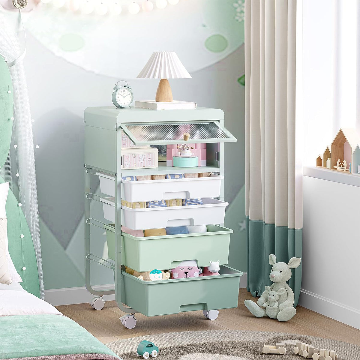 Utility-Rolling-Storage-Drawer-Craft-Cart-Organizers with 4 Drawers & Dust-proof Door for Kid Craft Art Room,Bedroom,Home Office, 4 Tiers Drawer cart, Green