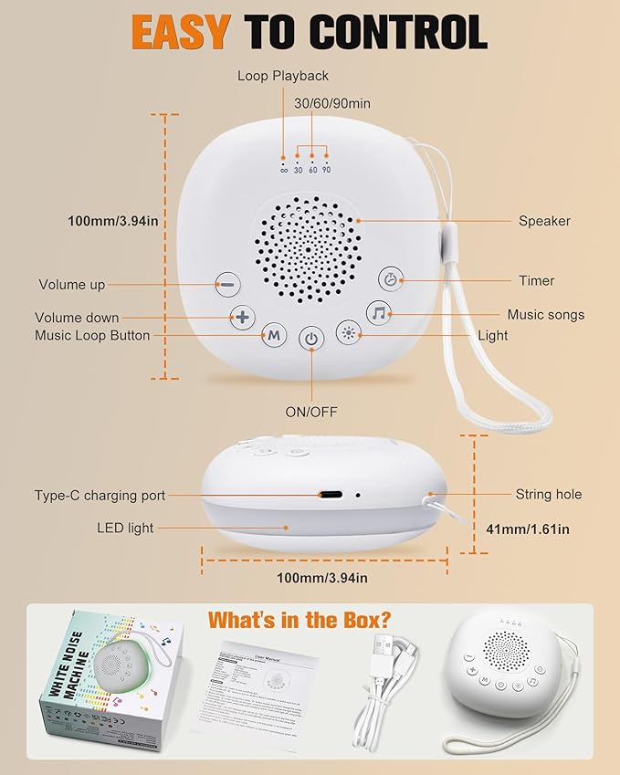 White Noise Machine - Portable Sound Machine with 20 Soothing Sounds 9 Colors Night Light for Baby Kids Adult Sleep Machines Memory Function 30 Volume Levels 4 Timers for Home Office Travel Relaxation