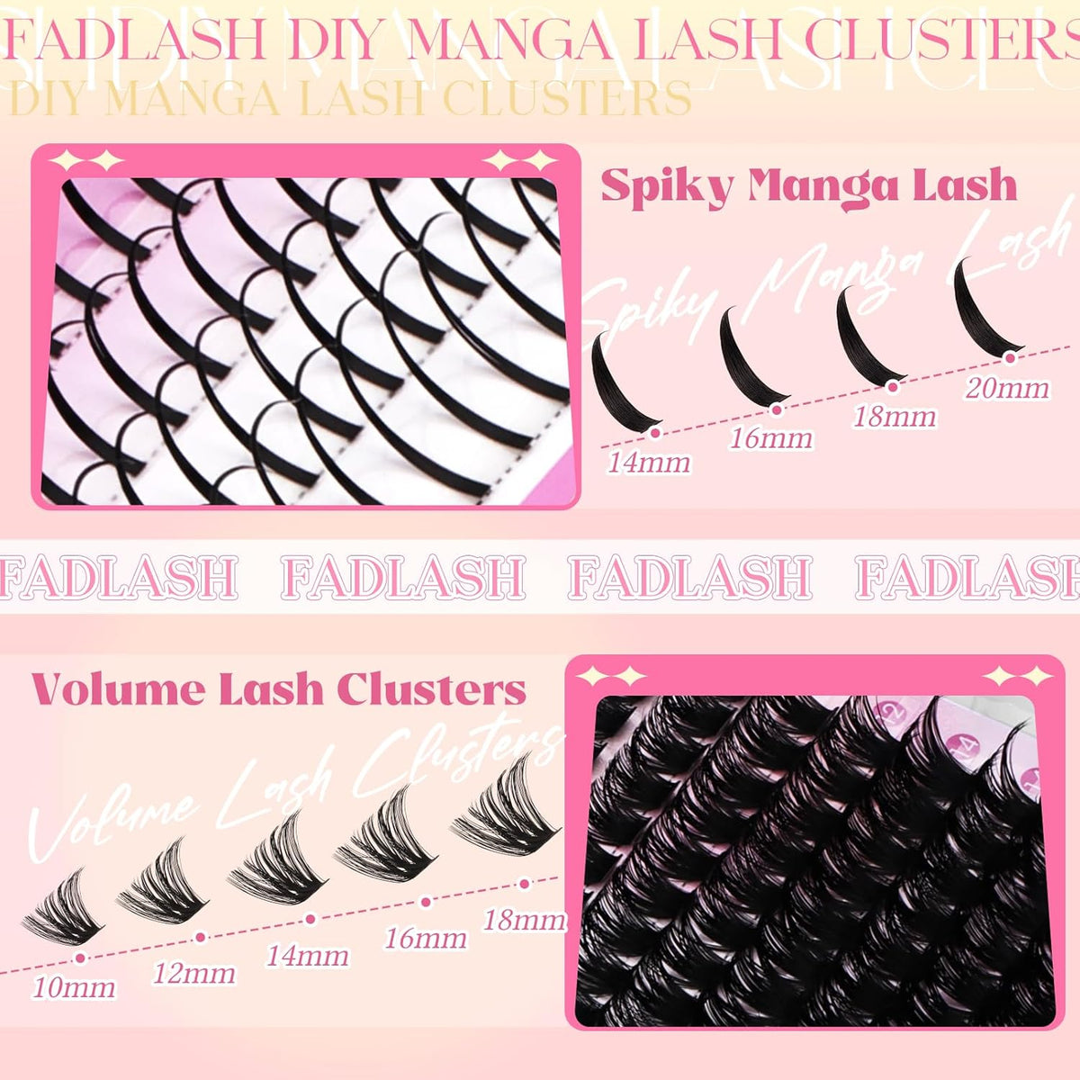 Lash Clusters 80D Eyelash Clusters 10-18mm Spikes 14-20mm Thick Volum Manga Lashes with D Curl DIY Fairy Lash Clusters with Spikes by FADLASH