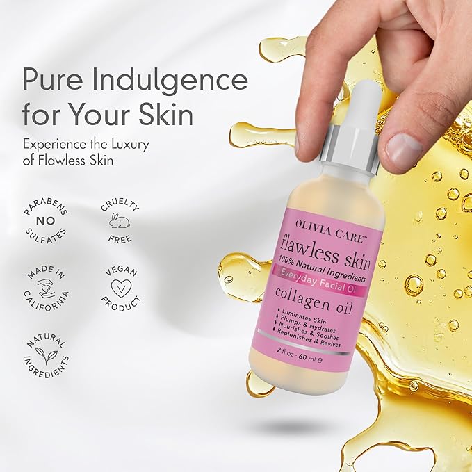 Olivia Care Collagen Facial Oil - Flawless Essential Facial Oil 100% Natural. Nourishing, Reviving & Hydrating Soothing - For All Skin Types - 2 fl oz (Collagen)