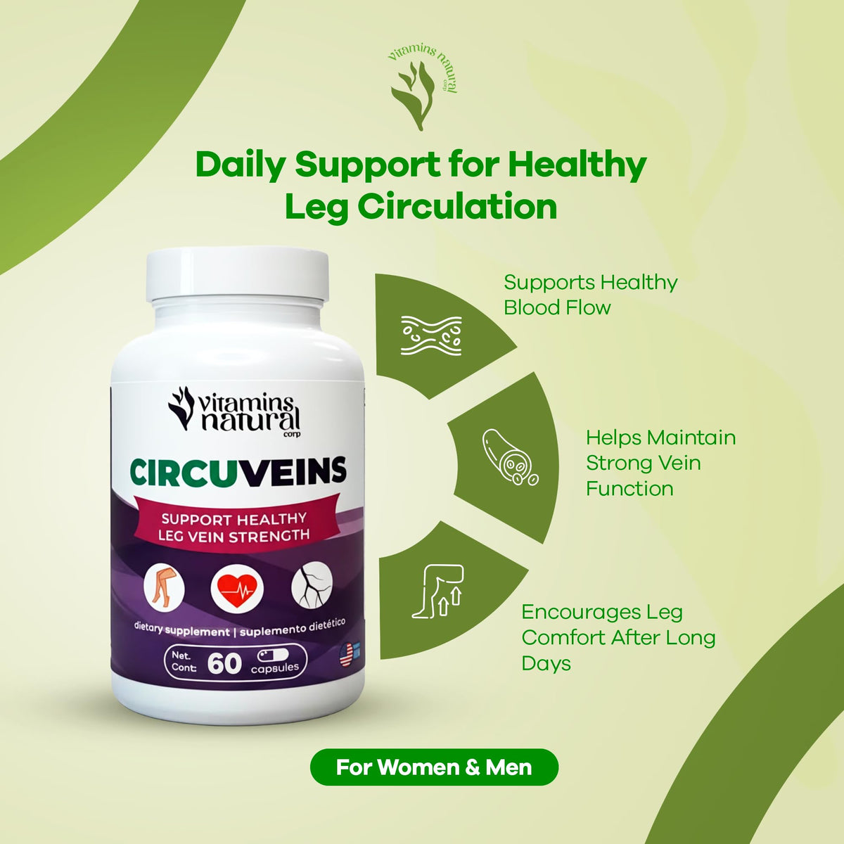 VITAMINS NATURAL CORP CircuVeins Circulation Support Supplement for Legs and Veins with Horse Chestnut Gotu Kola Butcher’s Broom and Grape Seed for Healthy Blood Flow and Leg Comfort – 60 Capsules