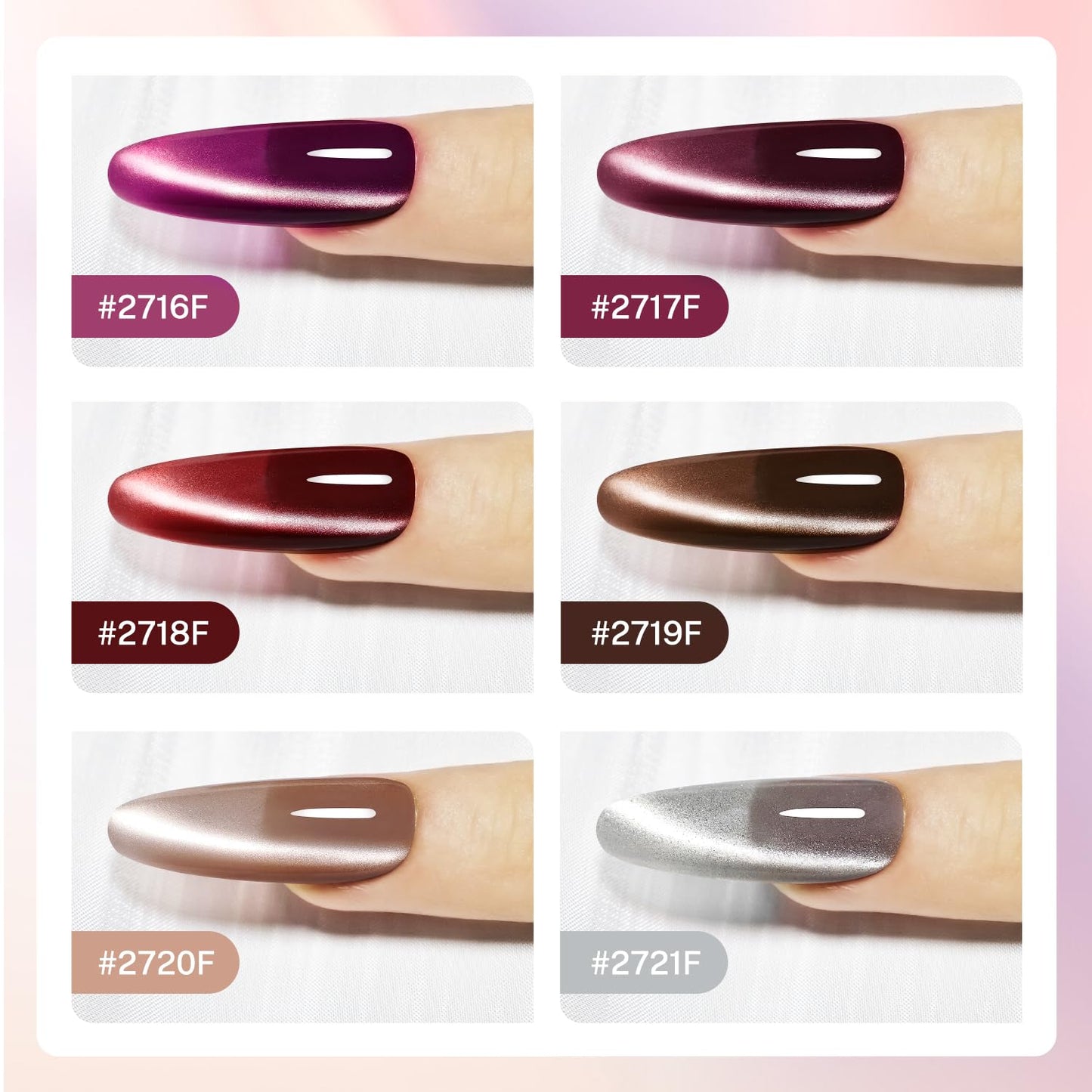 JODSONE 10ml Cat Eye Gel Nail Polish Set Purple Red Sliver Collection 6 Colors for Holographic Glitter Cat Eye with Magnet at Home DIY Design Gift for Girls