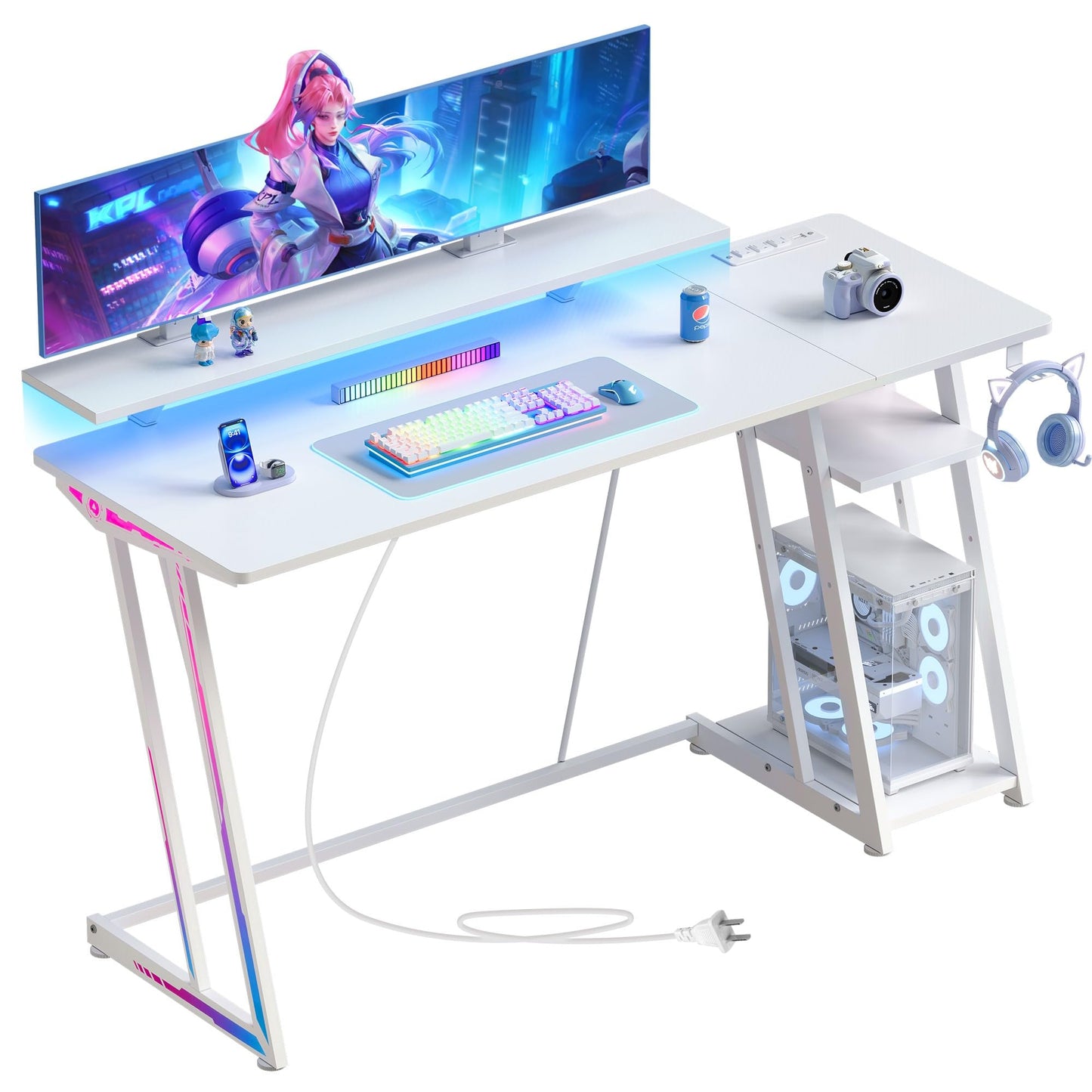YeTom 47-inch Gaming Desk with LED Lights & Power Outlets|Carbon Fiber Gaming Table with Monitor Stand & Adjustable Storage Shelves|RGB Ergonomic Gamer Desk, Esports & Streaming, White