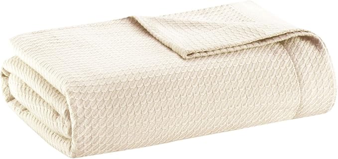 Madison Park Soft Certified 100% Egyptian Cotton Breathable Cozy Blanket, Premium Waffle Knit Classic Design, Luxury All Season Lightweight Cover for Bed, Couch and Sofa, Cream King(108"x90")