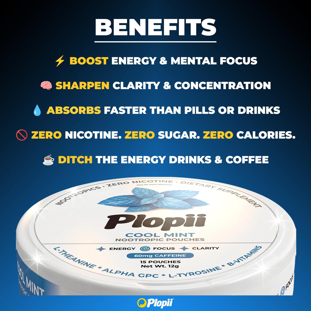 Plopii Caffeine Focus & Energy Nootropic Pouches | Alpha GPC, L-Theanine, L-Tyrosine, Ginseng, Vitamin B6 + B12 | No Jitters, No Crash | Tobacco-Free, Nicotine-Free (Wintergreen)