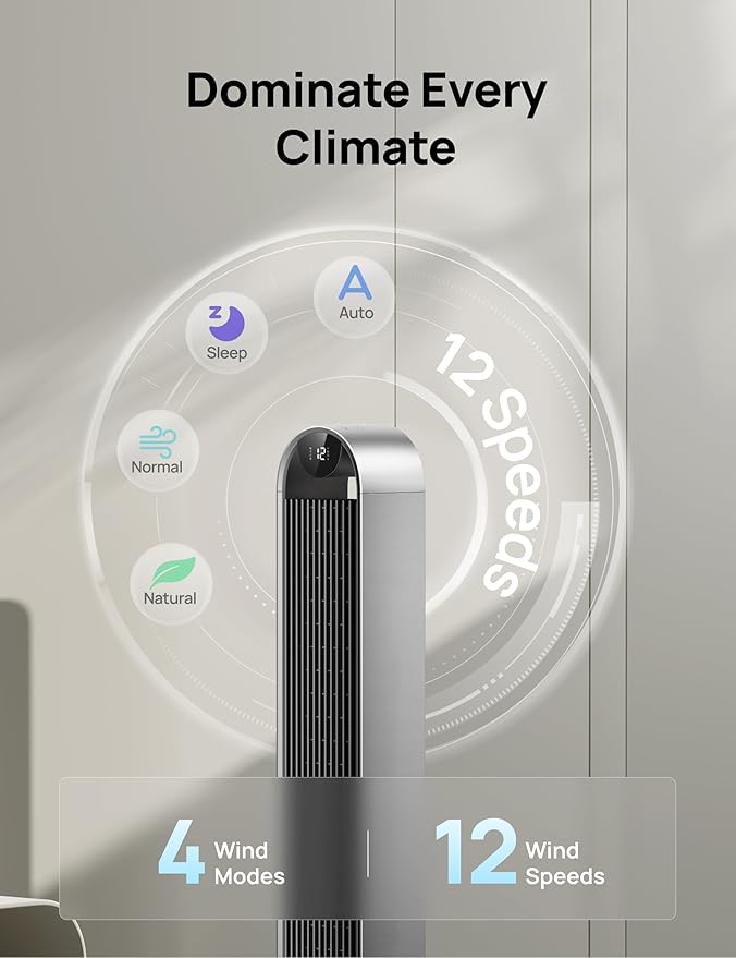 Dreo Tower Fan for Bedroom, 42 Inch 120° Oscillating Fan, 25dB Quiet DC Motor, 28ft/s Velocity Bladeless Standing Fan with 12 Speeds, 4 Modes, 12H Timer Cooling Fans for Home, Living Room, Pilot Max S