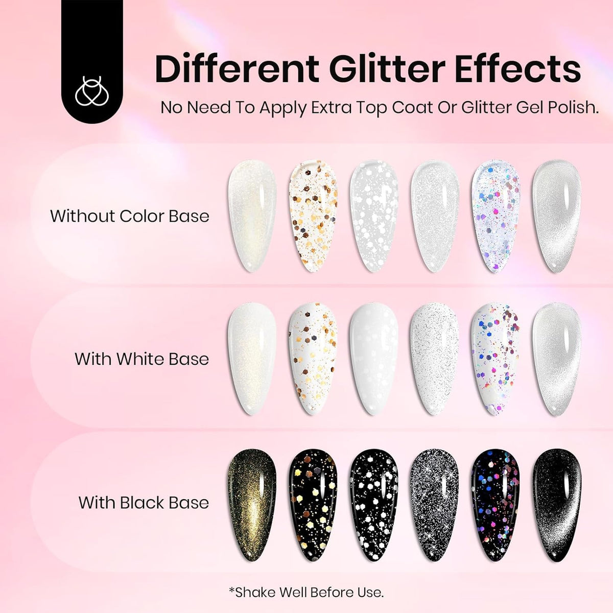 Beetles Glitter Gel Top Coat 8Pcs Holographic Glitter Gel Nail Polish Top Coat Cat Eye No Wipe Glossy Sparkly Finish Long Lasting Soak Off U V LED Salon DIY Gift for Women Girls
