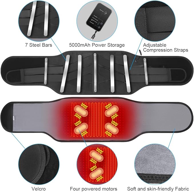 Cordless Heating Pad Back Massager Brace for Lower Back Pain Relief, Heated Back Brace Vibration Wrap with Rechargeable Battery, Warmer Lumbar Support Belt with Massage for Cramps (L)